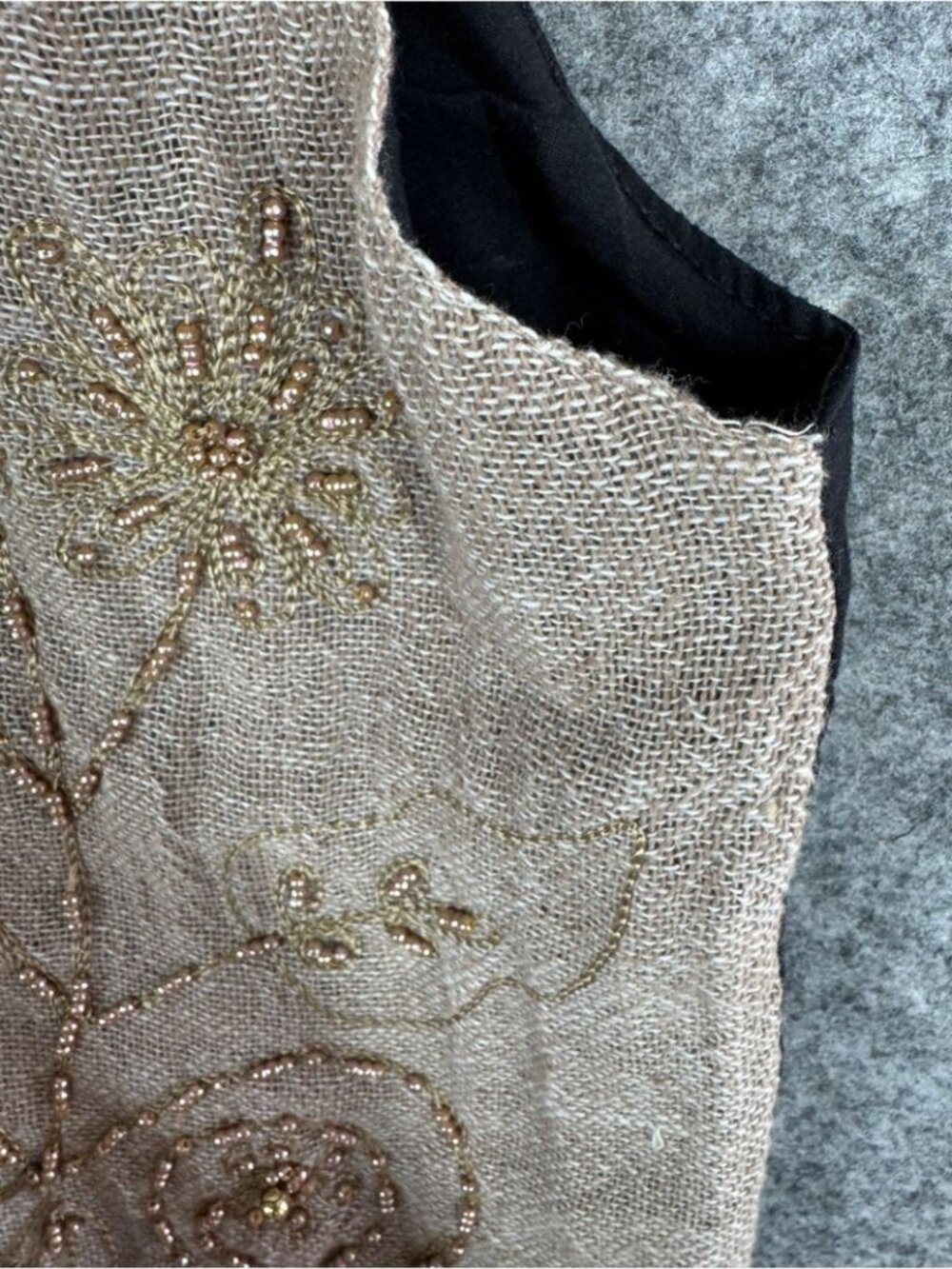 Vintage Beaded Linen Blend Vest Taupe Medium Boho Western Cottagecore Festival - Picture 14 of 16